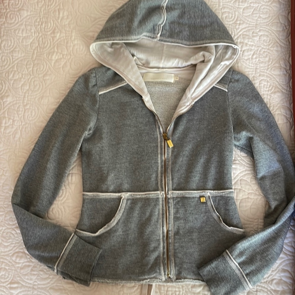 Kritik ladies hoodie zip front sweatshirt jacket. Grey and cream color, size med